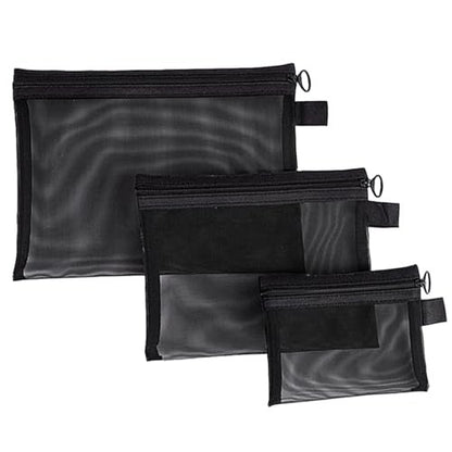 3-Piece Mesh Zipper Pouch Makeup Bags Set - Black, Portable Travel Toiletry Organizer Pouches for Home, Office, and Daily Use