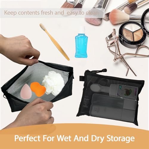 3-Piece Mesh Zipper Pouch Makeup Bags Set - Black, Portable Travel Toiletry Organizer Pouches for Home, Office, and Daily Use - görsel 12