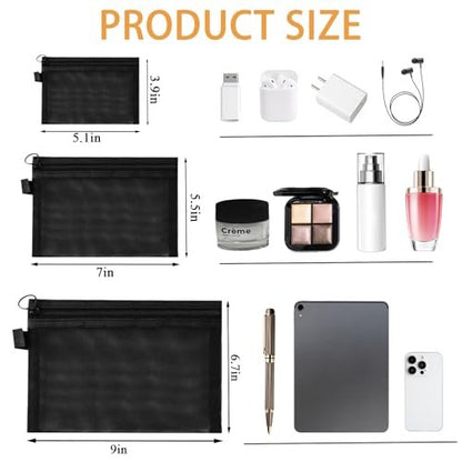 3-Piece Mesh Zipper Pouch Makeup Bags Set - Black, Portable Travel Toiletry Organizer Pouches for Home, Office, and Daily Use