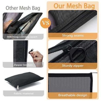 3-Piece Mesh Zipper Pouch Makeup Bags Set - Black, Portable Travel Toiletry Organizer Pouches for Home, Office, and Daily Use
