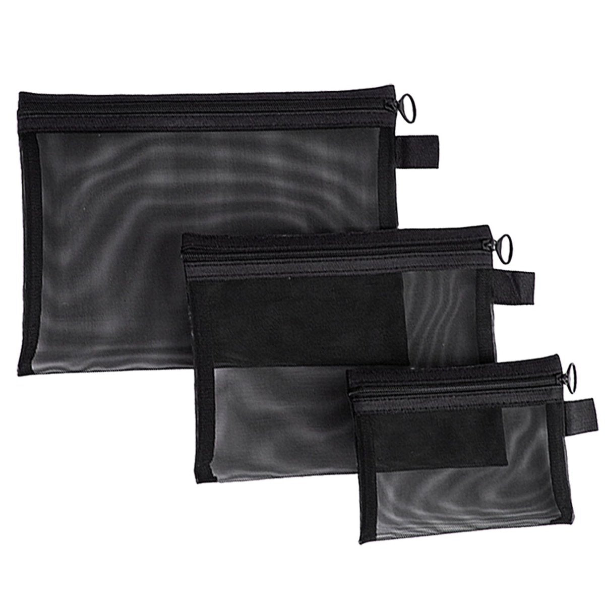 3-Piece Mesh Zipper Pouch Makeup Bags Set - Black, Portable Travel Toiletry Organizer Pouches for Home, Office, and Daily Use - görsel 1