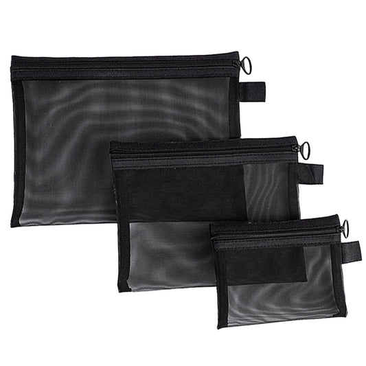 3-Piece Mesh Zipper Pouch Makeup Bags Set - Black, Portable Travel Toiletry Organizer Pouches for Home, Office, and Daily Use