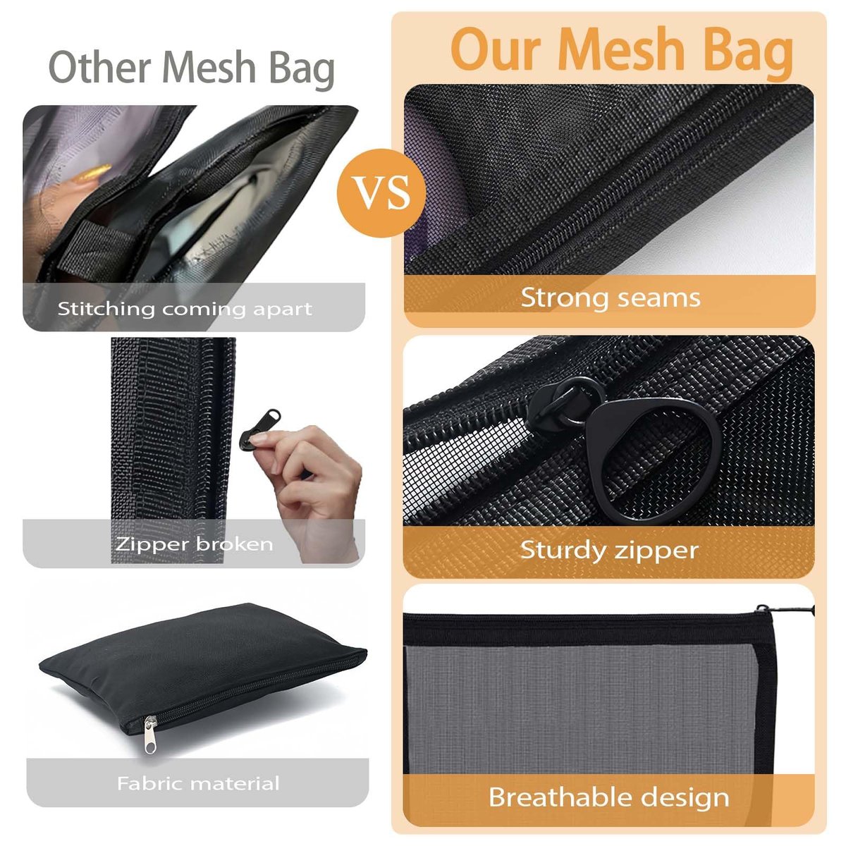 3-Piece Mesh Zipper Pouch Makeup Bags Set - Black, Portable Travel Toiletry Organizer Pouches for Home, Office, and Daily Use - görsel 7