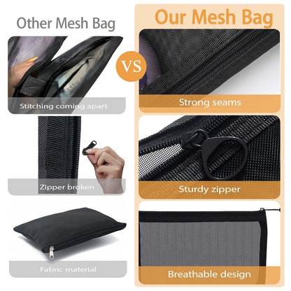 3-Piece Mesh Zipper Pouch Makeup Bags Set - Black, Portable Travel Toiletry Organizer Pouches for Home, Office, and Daily Use