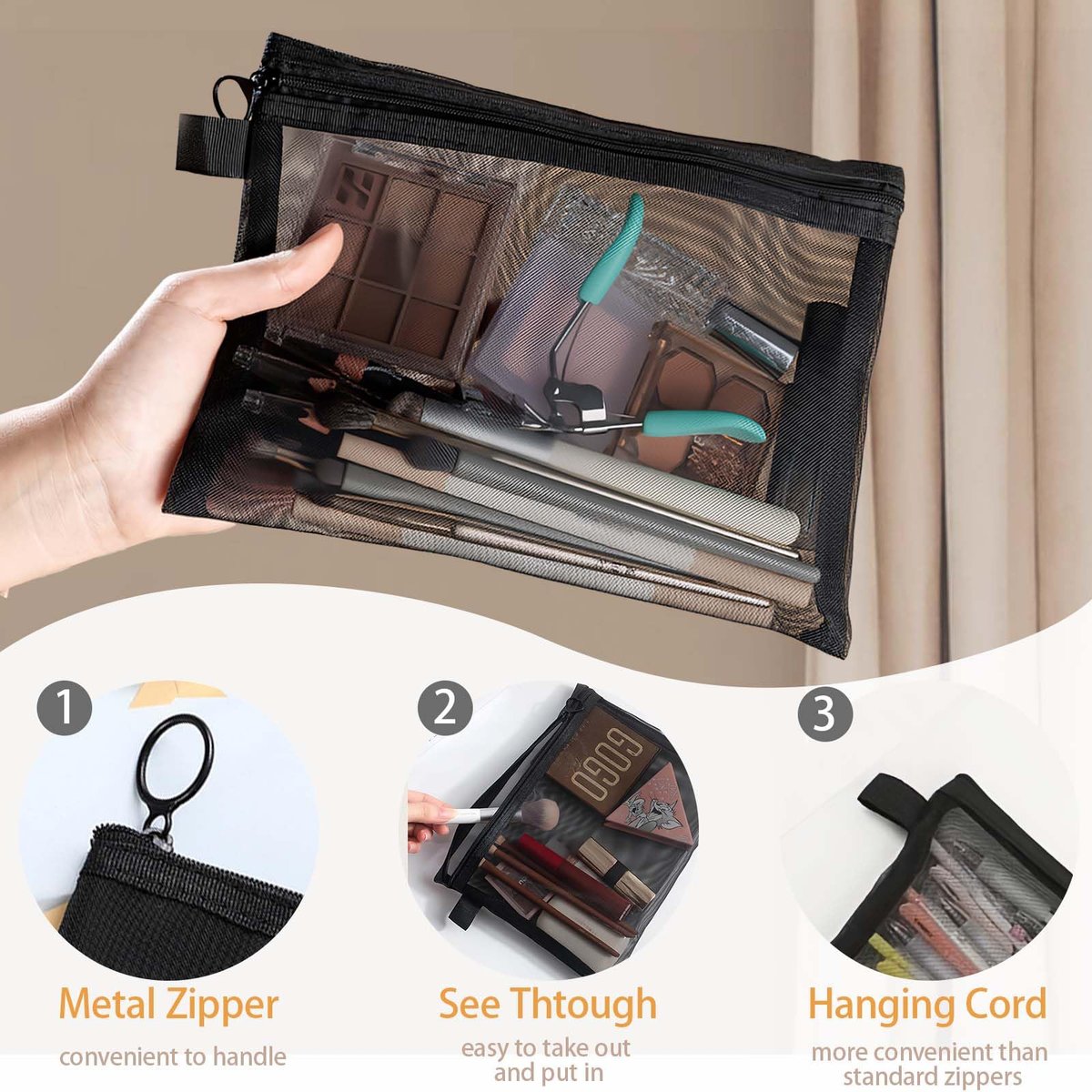 3-Piece Mesh Zipper Pouch Makeup Bags Set - Black, Portable Travel Toiletry Organizer Pouches for Home, Office, and Daily Use - görsel 3