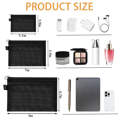 3-Piece Mesh Zipper Pouch Makeup Bags Set - Black, Portable Travel Toiletry Organizer Pouches for Home, Office, and Daily Use