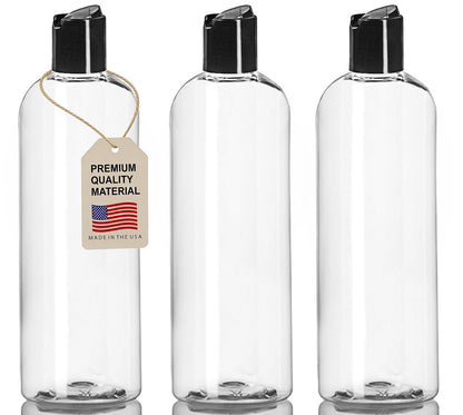 ljdeals 16 oz Clear Plastic Refillable Squeeze Bottles (3 Pack) - BPA-Free Empty Travel Containers with Leak-Proof Disc Top Flip Caps for Shampoo, Lotion, Soap, and Creams, Made in USA