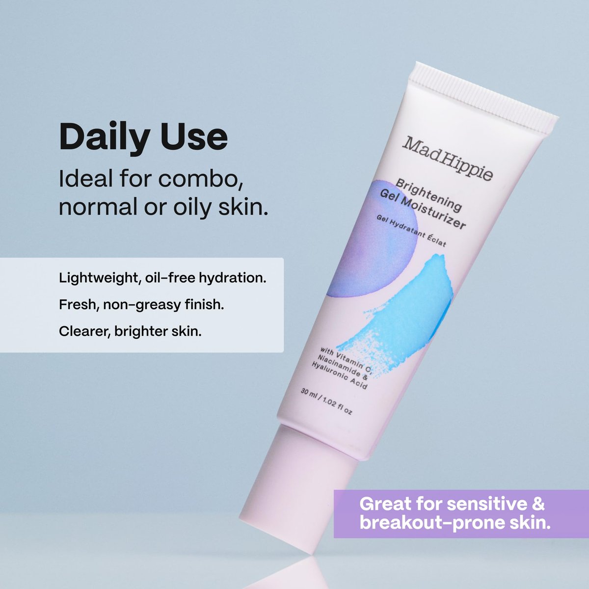 Mad Hippie Brightening Gel Moisturizer – Oil-Free Vitamin C & Niacinamide Face Cream for Oily & Acne-Prone Skin, 1.02 oz Avelisse