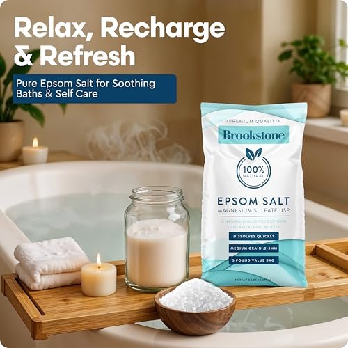 Brookstone 5 lb Epsom Salt Bulk Bag - Premium Magnesium Sulfate USP, Medium Grain Unscented Bath Soak Salt for Muscle Relief, Stress Relief & Skin Care Avelisse