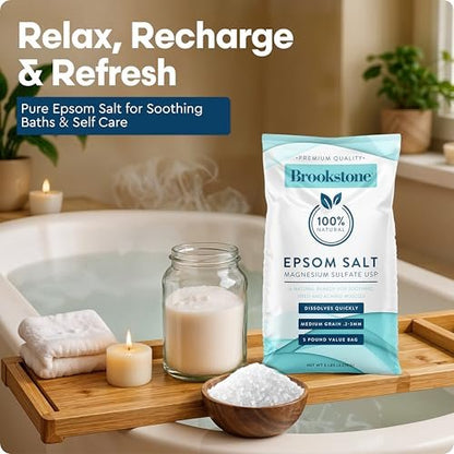 Brookstone 5 lb Epsom Salt Bulk Bag - Premium Magnesium Sulfate USP, Medium Grain Unscented Bath Soak Salt for Muscle Relief, Stress Relief & Skin Care Avelisse