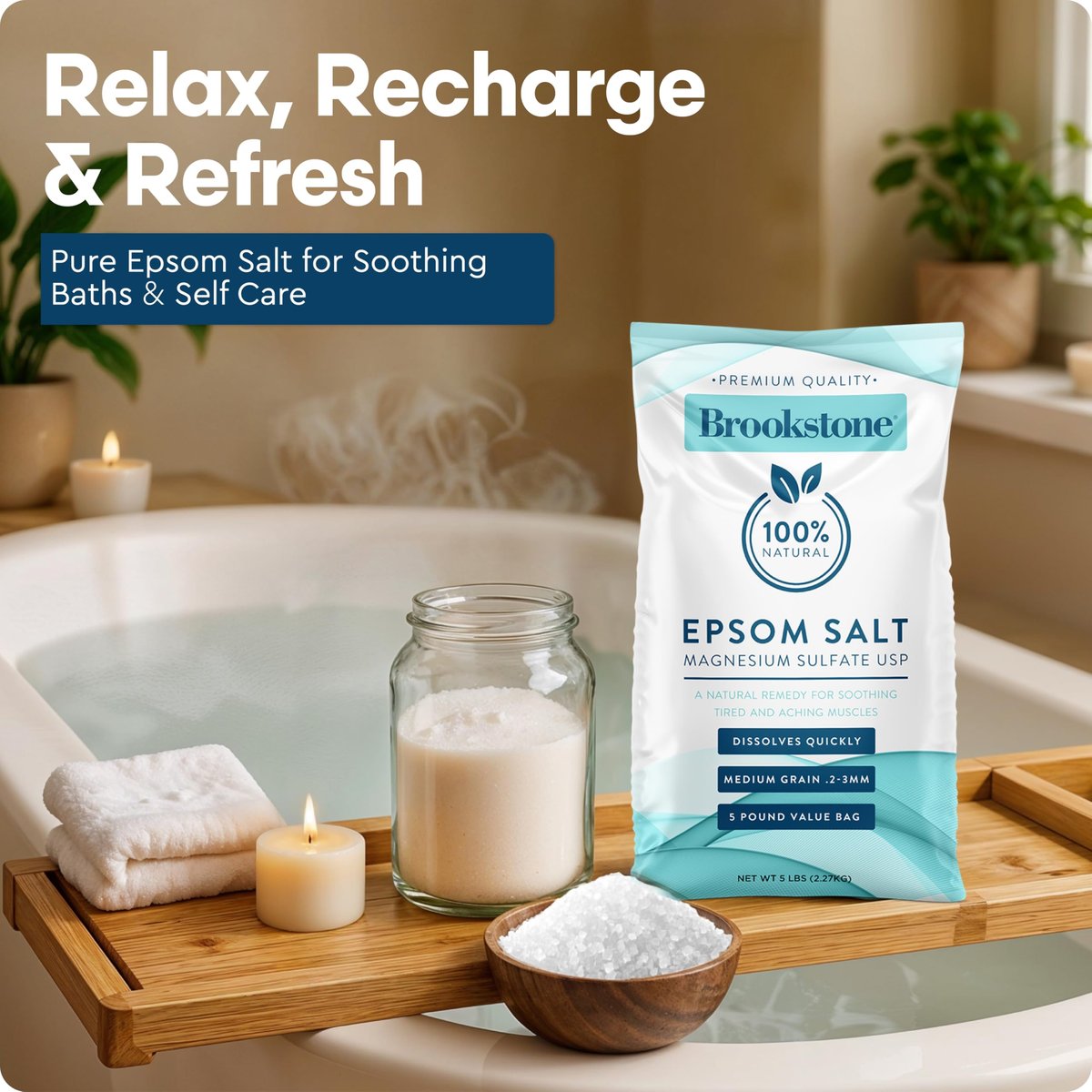 Brookstone 5 lb Epsom Salt Bulk Bag - Premium Magnesium Sulfate USP, Medium Grain Unscented Bath Soak Salt for Muscle Relief, Stress Relief & Skin Care Avelisse