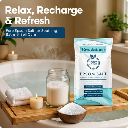 Brookstone 5 lb Epsom Salt Bulk Bag - Premium Magnesium Sulfate USP, Medium Grain Unscented Bath Soak Salt for Muscle Relief, Stress Relief & Skin Care Avelisse