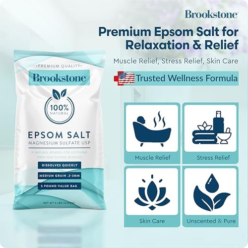 Brookstone 5 lb Epsom Salt Bulk Bag - Premium Magnesium Sulfate USP, Medium Grain Unscented Bath Soak Salt for Muscle Relief, Stress Relief & Skin Care Avelisse