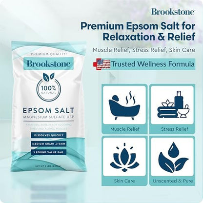 Brookstone 5 lb Epsom Salt Bulk Bag - Premium Magnesium Sulfate USP, Medium Grain Unscented Bath Soak Salt for Muscle Relief, Stress Relief & Skin Care Avelisse