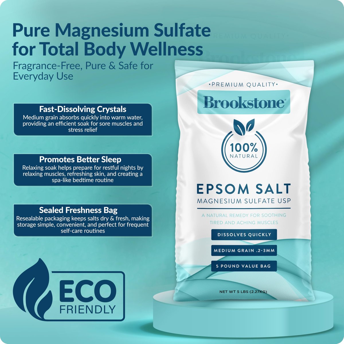 Brookstone 5 lb Epsom Salt Bulk Bag - Premium Magnesium Sulfate USP, Medium Grain Unscented Bath Soak Salt for Muscle Relief, Stress Relief & Skin Care Avelisse