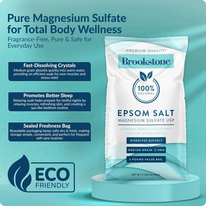 Brookstone 5 lb Epsom Salt Bulk Bag - Premium Magnesium Sulfate USP, Medium Grain Unscented Bath Soak Salt for Muscle Relief, Stress Relief & Skin Care Avelisse