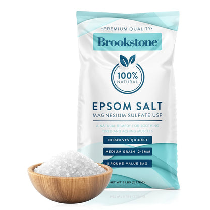 Brookstone 5 lb Epsom Salt Bulk Bag - Premium Magnesium Sulfate USP, Medium Grain Unscented Bath Soak Salt for Muscle Relief, Stress Relief & Skin Care Avelisse