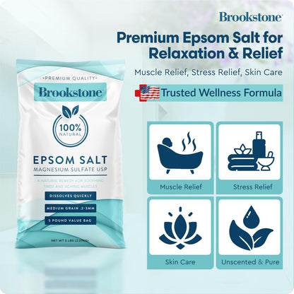 Brookstone 5 lb Epsom Salt Bulk Bag - Premium Magnesium Sulfate USP, Medium Grain Unscented Bath Soak Salt for Muscle Relief, Stress Relief & Skin Care Avelisse