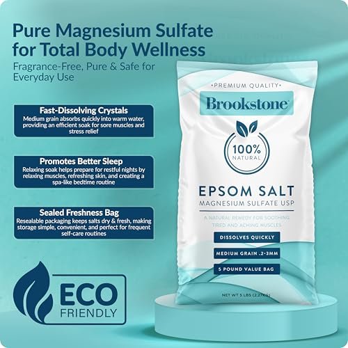 Brookstone 5 lb Epsom Salt Bulk Bag - Premium Magnesium Sulfate USP, Medium Grain Unscented Bath Soak Salt for Muscle Relief, Stress Relief & Skin Care Avelisse