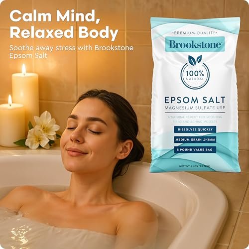 Brookstone 5 lb Epsom Salt Bulk Bag - Premium Magnesium Sulfate USP, Medium Grain Unscented Bath Soak Salt for Muscle Relief, Stress Relief & Skin Care Avelisse