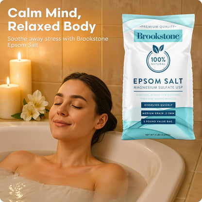 Brookstone 5 lb Epsom Salt Bulk Bag - Premium Magnesium Sulfate USP, Medium Grain Unscented Bath Soak Salt for Muscle Relief, Stress Relief & Skin Care Avelisse