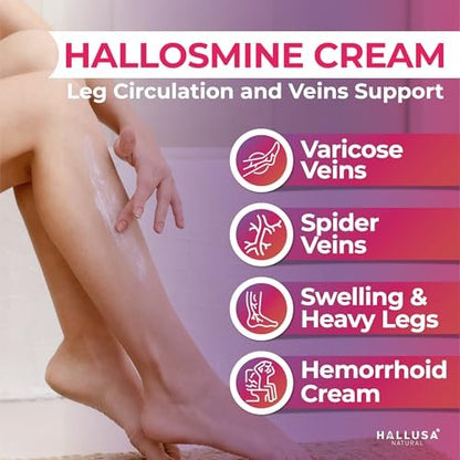 Hallusa Natural 2-Pack Hallosmine Leg Cream with Diosmin, Hesperidin & Horse Chestnut + Free Hallosmine Ultra 650mg Diosmin Hesperidin, 60 Capsules | Blood Circulation & Vein Support, 4 oz (112g)