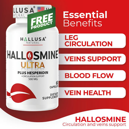 Hallusa Natural 2-Pack Hallosmine Leg Cream with Diosmin, Hesperidin & Horse Chestnut + Free Hallosmine Ultra 650mg Diosmin Hesperidin, 60 Capsules | Blood Circulation & Vein Support, 4 oz (112g)