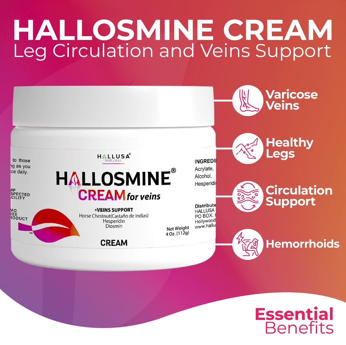 Hallusa Natural 2-Pack Hallosmine Leg Cream with Diosmin, Hesperidin & Horse Chestnut + Free Hallosmine Ultra 650mg Diosmin Hesperidin, 60 Capsules | Blood Circulation & Vein Support, 4 oz (112g) - görsel 5