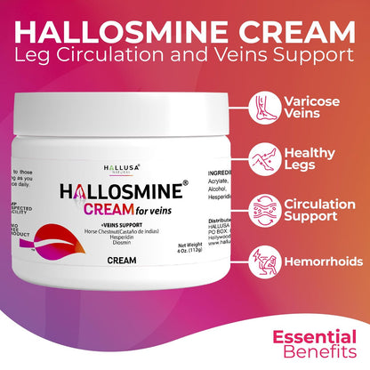 Hallusa Natural 2-Pack Hallosmine Leg Cream with Diosmin, Hesperidin & Horse Chestnut + Free Hallosmine Ultra 650mg Diosmin Hesperidin, 60 Capsules | Blood Circulation & Vein Support, 4 oz (112g)