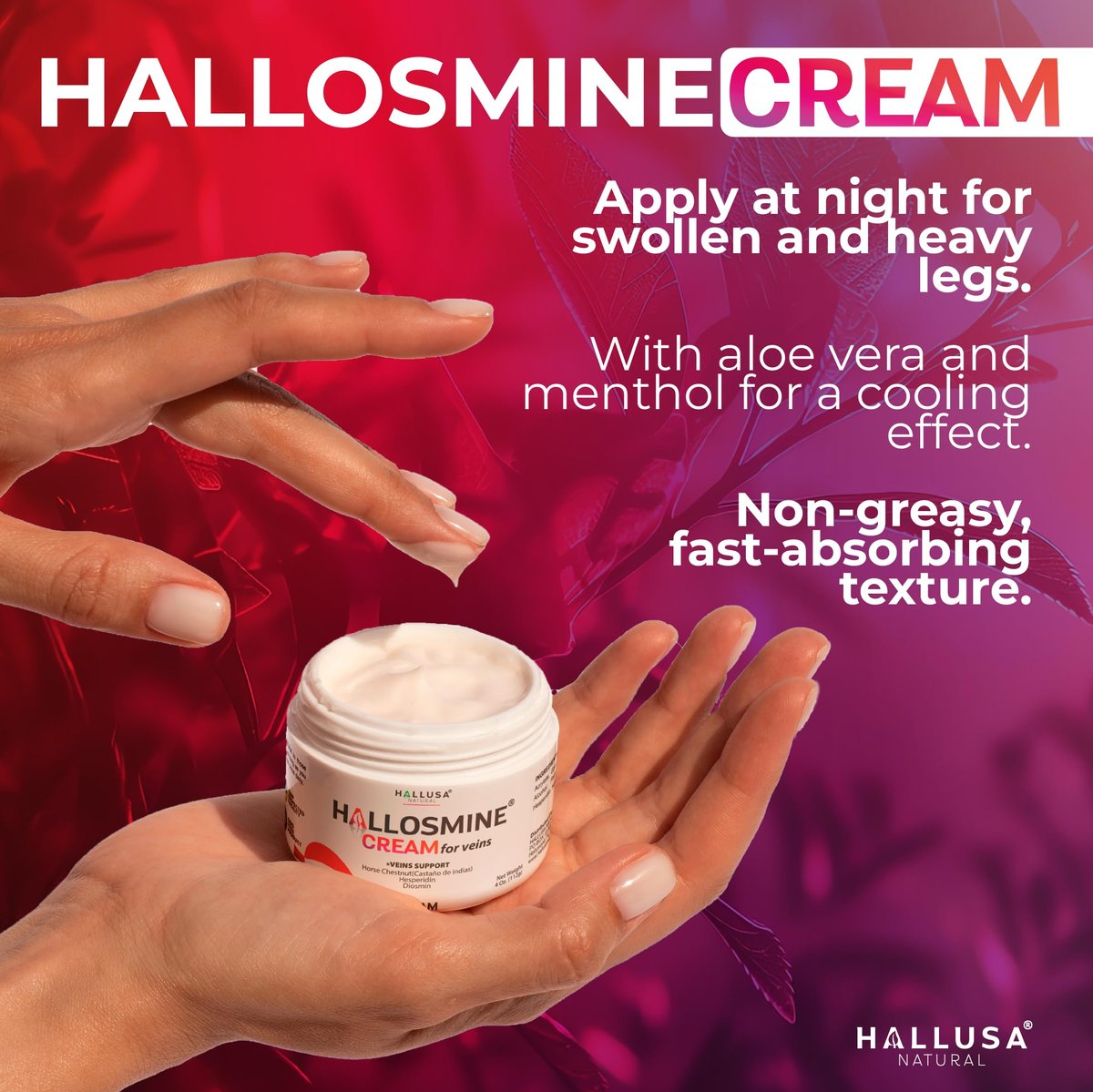 Hallusa Natural 2-Pack Hallosmine Leg Cream with Diosmin, Hesperidin & Horse Chestnut + Free Hallosmine Ultra 650mg Diosmin Hesperidin, 60 Capsules | Blood Circulation & Vein Support, 4 oz (112g) - görsel 15