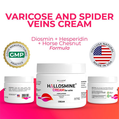 Hallusa Natural 2-Pack Hallosmine Leg Cream with Diosmin, Hesperidin & Horse Chestnut + Free Hallosmine Ultra 650mg Diosmin Hesperidin, 60 Capsules | Blood Circulation & Vein Support, 4 oz (112g)