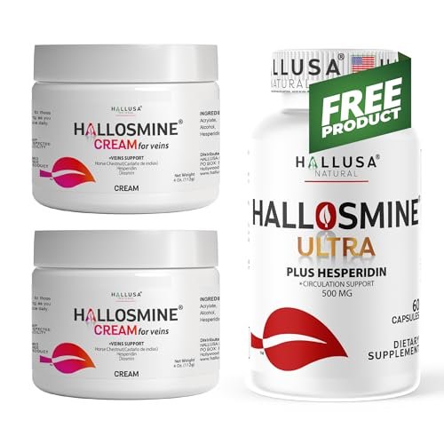 Hallusa Natural 2-Pack Hallosmine Leg Cream with Diosmin, Hesperidin & Horse Chestnut + Free Hallosmine Ultra 650mg Diosmin Hesperidin, 60 Capsules | Blood Circulation & Vein Support, 4 oz (112g) - görsel 2