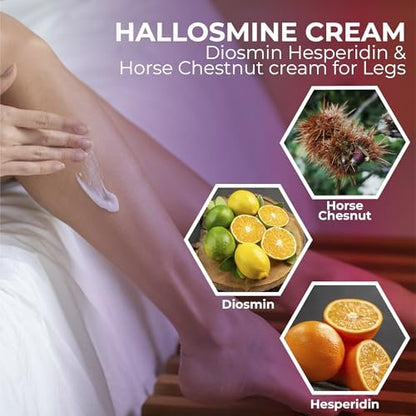Hallusa Natural 2-Pack Hallosmine Leg Cream with Diosmin, Hesperidin & Horse Chestnut + Free Hallosmine Ultra 650mg Diosmin Hesperidin, 60 Capsules | Blood Circulation & Vein Support, 4 oz (112g)