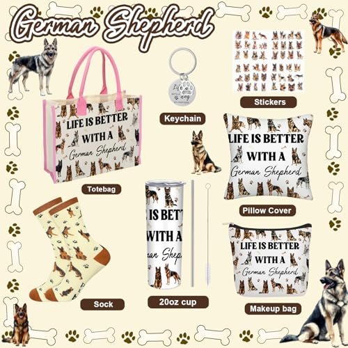Patelai 56-Piece German Shepherd Gift Set for Dog Moms – Tote Bag, 20oz Tumbler, Cosmetic Bag, Socks, Pillow Cover, Keychain & 50 Stickers - görsel 4