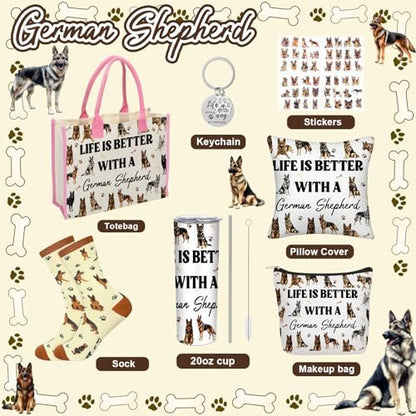 Patelai 56-Piece German Shepherd Gift Set for Dog Moms – Tote Bag, 20oz Tumbler, Cosmetic Bag, Socks, Pillow Cover, Keychain & 50 Stickers