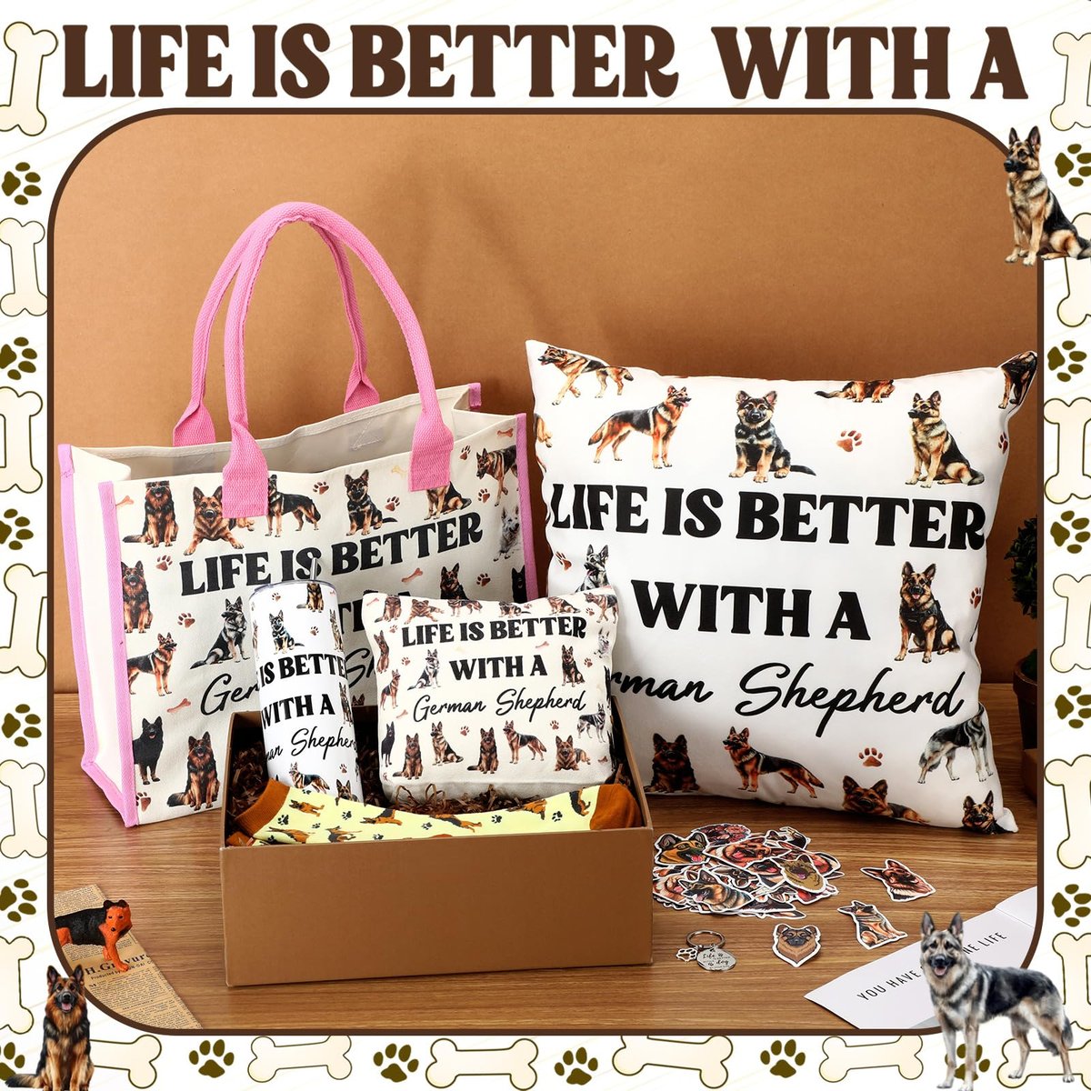 Patelai 56-Piece German Shepherd Gift Set for Dog Moms – Tote Bag, 20oz Tumbler, Cosmetic Bag, Socks, Pillow Cover, Keychain & 50 Stickers - görsel 7