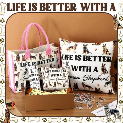 Patelai 56-Piece German Shepherd Gift Set for Dog Moms – Tote Bag, 20oz Tumbler, Cosmetic Bag, Socks, Pillow Cover, Keychain & 50 Stickers