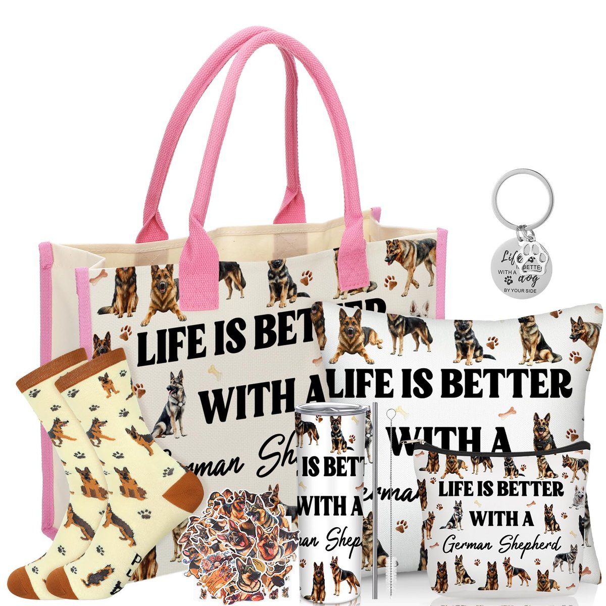 Patelai 56-Piece German Shepherd Gift Set for Dog Moms – Tote Bag, 20oz Tumbler, Cosmetic Bag, Socks, Pillow Cover, Keychain & 50 Stickers - görsel 1