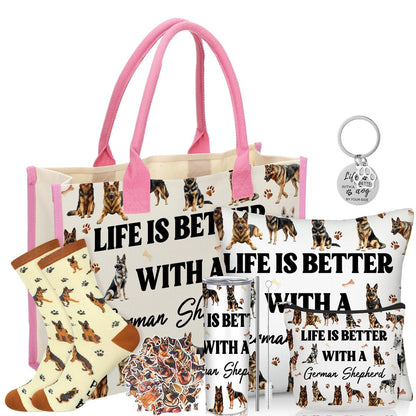 Patelai 56-Piece German Shepherd Gift Set for Dog Moms – Tote Bag, 20oz Tumbler, Cosmetic Bag, Socks, Pillow Cover, Keychain & 50 Stickers