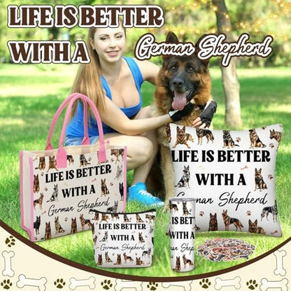 Patelai 56-Piece German Shepherd Gift Set for Dog Moms – Tote Bag, 20oz Tumbler, Cosmetic Bag, Socks, Pillow Cover, Keychain & 50 Stickers