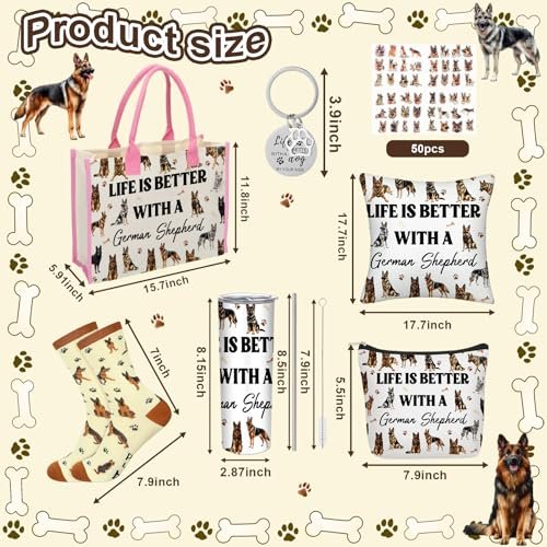 Patelai 56-Piece German Shepherd Gift Set for Dog Moms – Tote Bag, 20oz Tumbler, Cosmetic Bag, Socks, Pillow Cover, Keychain & 50 Stickers - görsel 6