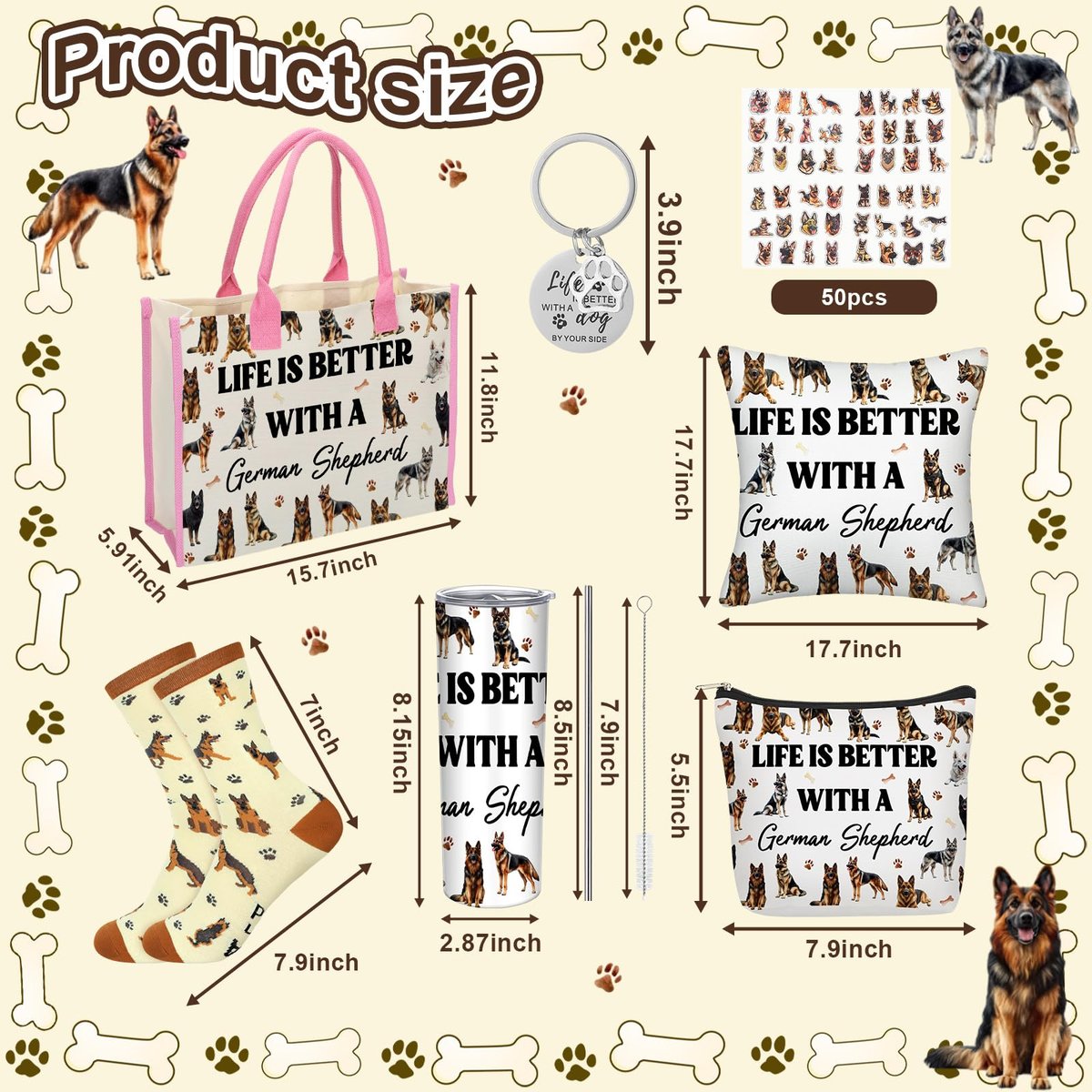 Patelai 56-Piece German Shepherd Gift Set for Dog Moms – Tote Bag, 20oz Tumbler, Cosmetic Bag, Socks, Pillow Cover, Keychain & 50 Stickers - görsel 5