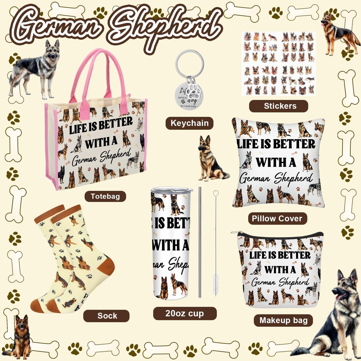Patelai 56-Piece German Shepherd Gift Set for Dog Moms – Tote Bag, 20oz Tumbler, Cosmetic Bag, Socks, Pillow Cover, Keychain & 50 Stickers - görsel 3