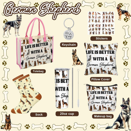Patelai 56-Piece German Shepherd Gift Set for Dog Moms – Tote Bag, 20oz Tumbler, Cosmetic Bag, Socks, Pillow Cover, Keychain & 50 Stickers