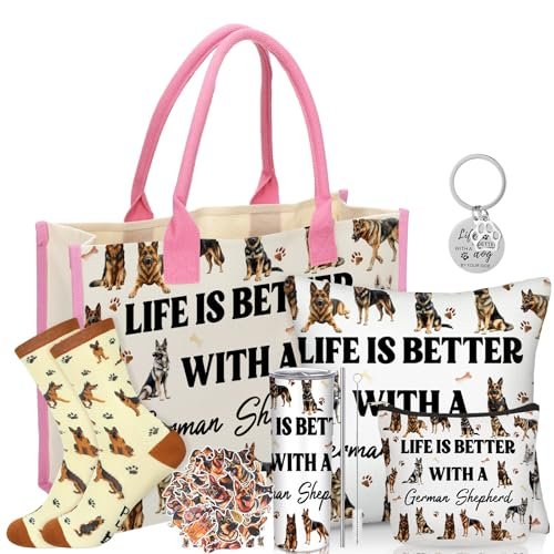 Patelai 56-Piece German Shepherd Gift Set for Dog Moms – Tote Bag, 20oz Tumbler, Cosmetic Bag, Socks, Pillow Cover, Keychain & 50 Stickers - görsel 2