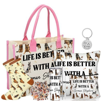 Patelai 56-Piece German Shepherd Gift Set for Dog Moms – Tote Bag, 20oz Tumbler, Cosmetic Bag, Socks, Pillow Cover, Keychain & 50 Stickers