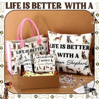 Patelai 56-Piece German Shepherd Gift Set for Dog Moms – Tote Bag, 20oz Tumbler, Cosmetic Bag, Socks, Pillow Cover, Keychain & 50 Stickers
