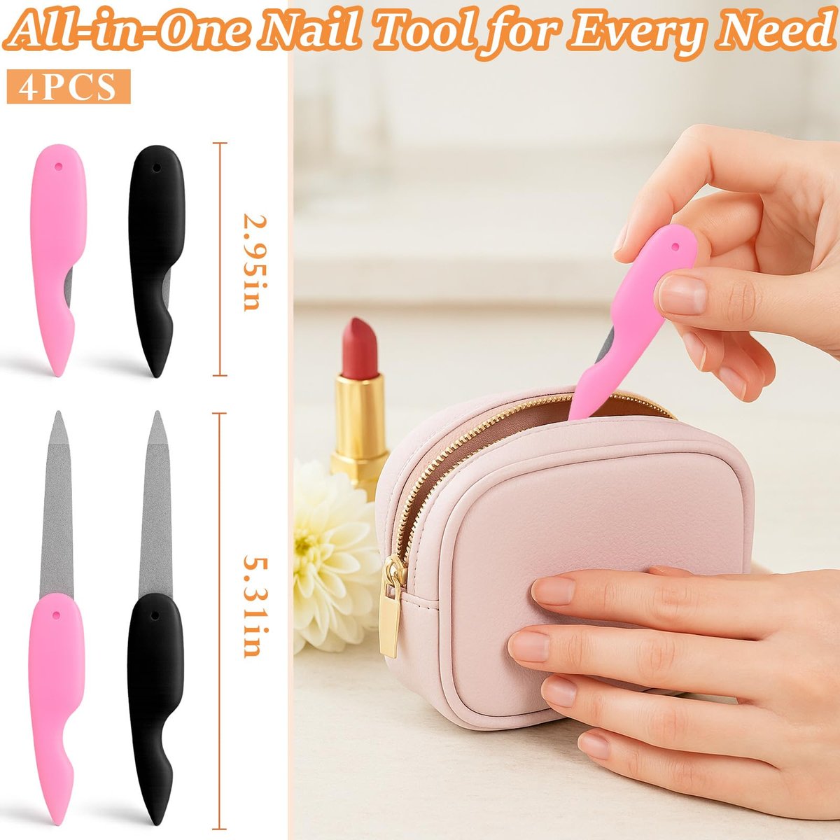 4-Pack Folding Metal Nail Files – Stainless Steel Double-Sided Cuticle & Nail Care Tools for Men and Women (2 Pink + 2 Black) - görsel 11