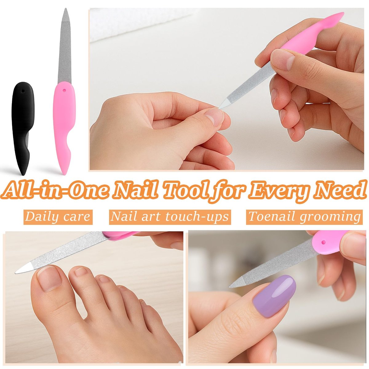 4-Pack Folding Metal Nail Files – Stainless Steel Double-Sided Cuticle & Nail Care Tools for Men and Women (2 Pink + 2 Black) - görsel 9