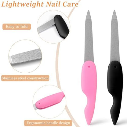 4-Pack Folding Metal Nail Files – Stainless Steel Double-Sided Cuticle & Nail Care Tools for Men and Women (2 Pink + 2 Black)